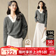 晚白【新品】2025秋冬款軟糯舒適慵懶風(fēng)毛衣設計感翻領(lǐng)含羊毛針織衫女 灰色 S