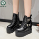 啄木鳥(niǎo)小個(gè)子厚底內增高12cm超高跟漫展短靴COS皮帶扣系帶瘦瘦馬丁靴 黑色 34