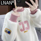 LNAN羊羔絨衛衣女秋冬季新款韓版百搭保暖寬松圓領(lǐng)加絨加厚刺繡上衣 2083#白色+加絨加厚 XL 建議120-140斤
