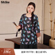 MsShe【新中式緞面印花小衫】大碼女裝2025秋裝胖mm開叉中長(zhǎng)上衣 小衫-黑色現(xiàn)貨 2XL