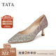 他她（TATA）優(yōu)雅氣質(zhì)高跟鞋女低跟晚宴鞋婚鞋單鞋2024秋新款7QT07AQ4 金色 35