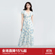 樂(lè )町插畫(huà)師捏褶小燈籠袖連衣裙女2025年夏季新款V領(lǐng)修身裙子 風(fēng)帆藍（現貨） M