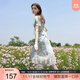 三彩2025夏季新款荷葉邊印花雪紡裙連衣裙度假風(fēng)長(cháng)裙F