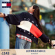 TOMMY JEANS【寬松燈籠袖】秋冬女裝美式學(xué)院風(fēng)純棉撞色V領(lǐng)針織開(kāi)衫外套 藏青白紅拼色C1G S   （推薦：100-115斤）