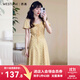 西遇碎花泡泡袖連衣裙女夏季新款收腰法式方領(lǐng)短袖長(cháng)裙 黃色 L (165)