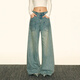 AAISUP美式復古設計感燙鉆牛仔褲女2026新款立體水鉆高腰闊腿拖地褲子潮 藍色 S