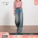三彩2025冬季新款一體絨磨毛牛仔褲高腰闊腿褲長(cháng)褲寬松M 霧霾藍 S 155/64A