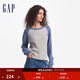GAP女裝LOGO撞色插肩袖圓領(lǐng)毛衣寬松針織衫634840 灰藍(lán)拼接 M (165/84A)亞洲尺碼