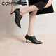 康莉（COMELY）商場(chǎng)新款真皮裸靴女秋冬季羊皮酒杯跟尖頭深口小皮鞋 黑色 35