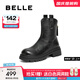 百麗（Belle）復(fù)古質(zhì)感彈力靴女25冬新商場(chǎng)款粗跟增高顯瘦彈力短靴E5E1DDZ5預(yù)售 黑色 37