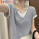 VOYDOVE夏季薄款假兩件v領(lǐng)上衣女寬松顯瘦遮肉胖mm設計感氣質(zhì)百搭純色t恤 灰色 L 【建議100-120斤】