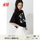 H&M女裝T恤2025秋季新款寬松印花美式圓領(lǐng)圖案落肩中袖上衣1287801 黑色/花卉 S 160/88
