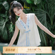 七月夕原創(chuàng  )漢服 風(fēng)物詩(shī) 漢元素無(wú)袖V領(lǐng)上衣搭藍色燈籠褲套裝女 無(wú)袖上衣 現貨 XS