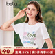 百圖betu女裝夏季新款T恤減齡圓領(lǐng)印花釘珠寬松短袖上衣女2407X05 白色 L