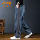 JEEP SPIRIT吉普美式重磅休閑牛仔褲男秋冬款潮牌寬松直筒長(cháng)褲子側邊條紋男褲 藍色 L