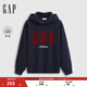 GAP女裝2025秋季新款撞色Logo寬松抓絨套頭連帽衫衛衣上衣792499 海軍藍 M (165/88A) 亞洲尺碼