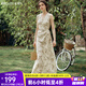 Olrain歐芮兒法式杏色連衣裙女夏季新款收腰顯瘦碎花中長(cháng)裙 杏色 M