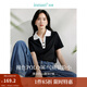 茵曼（INMAN）Polo領(lǐng)條紋短袖T恤2025夏季女裝新款修身顯瘦上衣 午夜黑 M