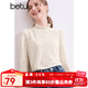 百圖betu女裝秋季新款T恤立領(lǐng)蝴蝶提花針織長(cháng)袖T恤女2409T44 淺杏色 L