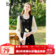 百圖betu女裝春夏新款連衣裙方領(lǐng)雙層蕾絲長(cháng)袖連衣裙女2302T73 黑色 S