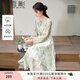 香影新中式綠色印花連衣裙女2025秋季新款系帶圓領(lǐng)收腰長(cháng)袖碎花裙 綠色 M