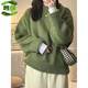 馨顏日系復古綠色圓領(lǐng)套頭毛衣女寬松慵懶風(fēng)加厚秋冬季外穿女針織上衣 草綠色 S 85-95斤