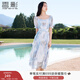 香影方領(lǐng)雪紡藍色連衣裙女2025夏季新款暈染荷葉邊燙金超仙收腰裙 藍花 S 155/80A/85-95斤