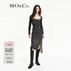 MO&Co.連衣裙含綿羊毛格紋捏褶收腰斜裁裙擺側開(kāi)叉吊帶裙摩安珂 黑白格色 L 170