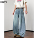 牧唯美式復古彎刀牛仔褲男士2025夏季新薄款高街水洗寬松拖地闊腿長(cháng)褲 藍色 2XL [建議145-165斤]