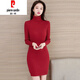 皮爾卡丹（pierre cardin）秋冬加厚高領(lǐng)針織打底衫女連衣裙修身內搭中長(cháng)款包芯紗毛衣包臀裙 酒紅色 M 【90-105斤】