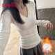 班尼路（Baleno）V領(lǐng)修身褶皺長(cháng)袖T恤女2025秋冬季新款軟糯舒適內里磨毛保暖打底衫