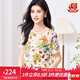 金菊雙縐【100%桑蠶絲真絲上衣】2025夏季新款植物印花薄款T恤女裝 明艷花卉白 2XL (175/96A)
