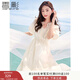 香影（xiangying）泡泡袖連衣裙女2025夏裝新款絕美鏤空鉤花萊賽爾天絲v領(lǐng)裙子 米色 M