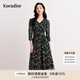 珂萊蒂爾秋季時(shí)尚優(yōu)雅黑色印花七分袖A字連衣裙中長(cháng)款女 黑色 L