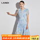 藍地（LANDI）2023年夏季新款淺藍色v領(lǐng)印花碎花連衣裙女雪紡中長(cháng)裙子 淺藍色 S