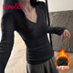 班尼路（Baleno）V領(lǐng)修身褶皺長(cháng)袖T恤女2025秋冬季新款軟糯舒適內里磨毛保暖打底衫