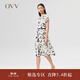 【抽象筆刷印花】OVV22春夏新款女裝23MM重縐真絲包肩短袖連衣裙 米白花紋07 M