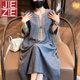 JEZE新中式國風(fēng)刺繡V領(lǐng)連衣裙女2025夏季新款休閑寬松百搭長(cháng)裙子 牛仔藍-【z】 2XL 141-160斤
