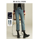 夢(mèng)舒雅小個(gè)子藍色九分翻邊直筒靴褲2025秋冬高腰微彈加厚修身顯瘦牛仔褲
