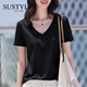 SUSTYLE奢侈高端品牌女裝高檔絲光棉短袖t恤女寬松v領(lǐng)上衣夏季半袖體恤 黑色 L 【110-120斤】
