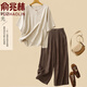 俞兆林文藝復古棉麻套裝夏季休閑短袖T恤上衣寬松大碼女中年媽媽兩件套 杏色上衣+咖啡褲 均碼 L(建議120-140斤)