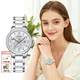 冠琴（GUANQIN）瑞士認證手表女輕奢鑲鉆石英表陶瓷表帶單日歷女表生日禮物送女友 銀殼鋼帶白面/免費定制刻字