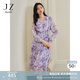 玖姿·安娜蔻【草木系列】雪紡印花木耳邊收腰連衣裙女2024春款 花紫 M