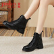 金猴冬季保暖加絨高幫棉靴側拉鏈厚底馬丁靴 黑色 38