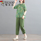 啄木鳥(niǎo)媽媽裝2025夏裝韓版寬松大碼印花復古休閑兩件套棉麻套裝新款女裝 綠色上衣+綠色褲子 L 115-130斤