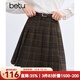 百圖betu女裝冬季新款半身裙高腰毛呢格紋A字百褶裙裙子女2411T68 咖格 M