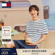 TOMMY JEANS【重磅厚實(shí)】春夏男女情侶純棉條紋針織刺繡圓領(lǐng)短袖T恤上衣 白綠條紋YBR S （推薦：120-135斤）