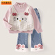 女童秋冬套裝2025新款小童洋氣卡通加厚毛衣女寶加絨牛仔褲兩件套 粉色假兩件毛衣+貓耳朵加絨牛仔褲 130