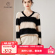 帕什 羊絨衫女100%山羊絨秋冬V領(lǐng)單紗寬松條紋針織毛衣 TY-3134 青絨+黑 均碼