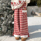森女部落甜美風(fēng)卡通刺繡高腰直筒休閑褲女2025新款毛呢格子褲冬季 紅色休閑褲 L